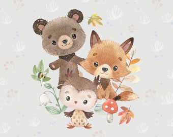 Forest kids animals Sweatshirt fabric, stretch Knitwear, French terry knit fabric, cotton knitwear, forest friends, woodland animals