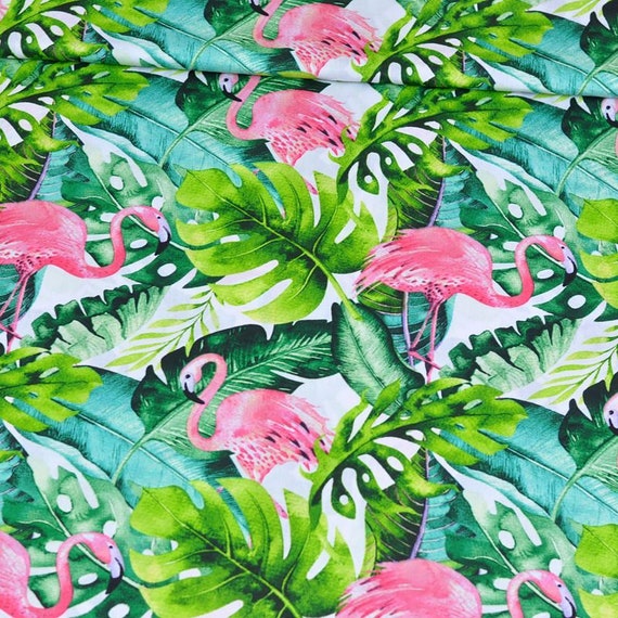 Pink Flamingo and Monstera Leaves Fabric, Tropical Leaf Cotton Fabric,  Tropical Fabric, Exotic Leaves, Pink and Green Print, 50cm/0.55yd - Etsy UK