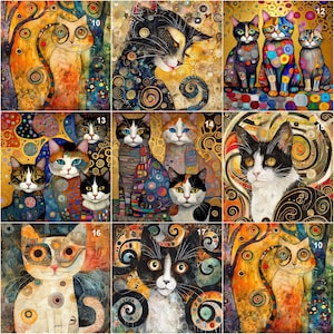Puede incluir: Una colección de nueve retratos de gatos en un estilo abstracto y colorido. Cada gato tiene patrones y colores únicos, incluyendo naranja, negro, blanco y azul. La obra de arte tiene un ambiente decorativo y artístico, con enfoque en el detalle y el diseño.