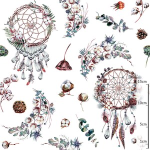 Tessuto di cotone Boho, acchiappasogni forestali, fiori di cotone, pigne, acchiappasogni boho, cotone premium di alta qualità