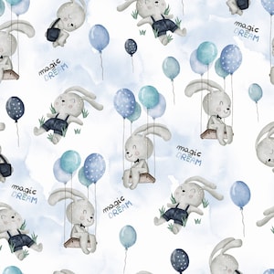 Sogno magico di coniglietti, tessuto di cotone di prima qualità, coniglietti addormentati, tessuto per bambini, coniglietti su palloncini altalene, stampa digitale