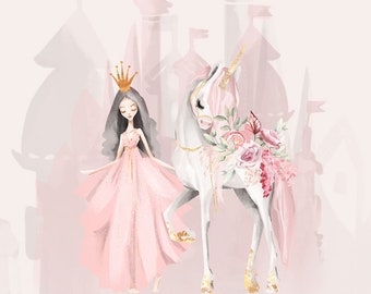 Tela de sudadera con bucle Unicornio en el jardín, Tela de sudadera con bucle Unicornio en flores, tela para panel de sudadera de princesa para niñas