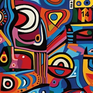 Peut inclure: Peinture abstraite avec un motif géométrique coloré. La peinture présente une variété de formes, notamment des cercles, des carrés et des triangles, dans une palette vibrante de rouge, bleu, jaune, vert et noir.
