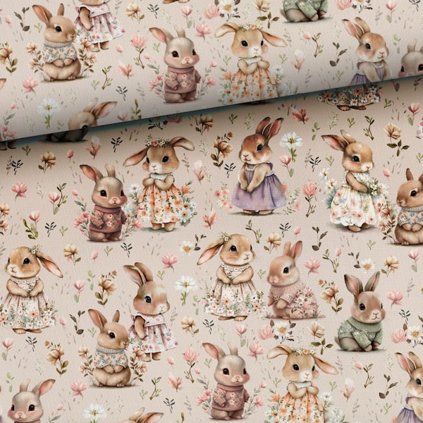 Sweet Bunnies Fabric, Bunnies in flowers, Premium Cotton Fabric, Bunny Fabric, Hares baby cotton fabric by the half yard, digital print