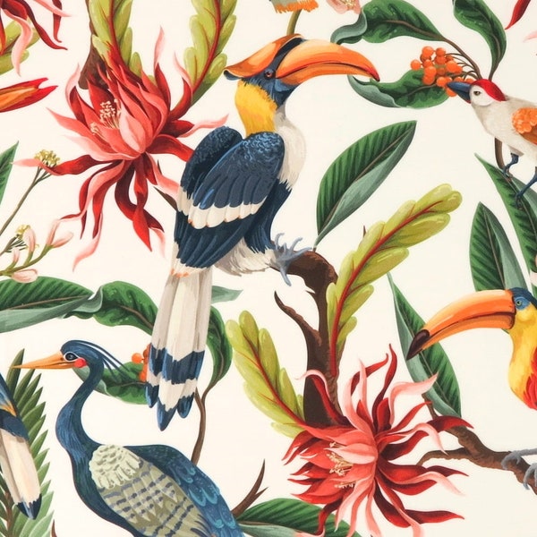 Rembourrage velours fleurs tropicales et oiseaux, feuilles de toucan, tissu d’ameublement italien, velours, velours, décoration intérieure, tissu d’ameublement