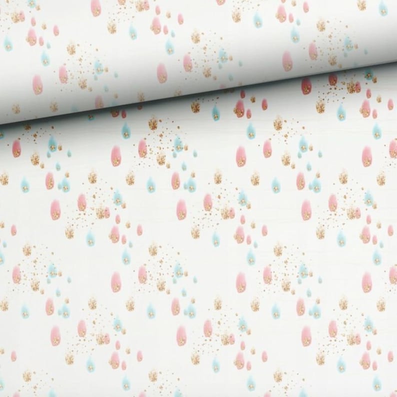 Pastel tears dots cotton fabric, rose gold and blue tears on white background, high quality premium cotton by half the yard 50cm/0,55yd image 1