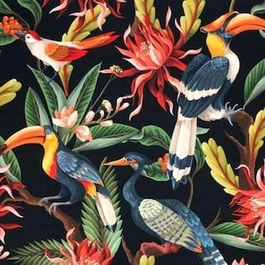 Exotische Blüten, Blätter und Vögel, Tukan Velour Stoff, Polstersamt, Tropischer Stoff, Samt, Velourpolsterung, Velvet, dekorativer Stoff
