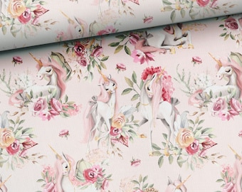 Unicornio en el jardín Tela de sudadera con bucles, Unicornio en flores Tela de sudadera con bucles, tela para una princesa niña panel para una sudadera