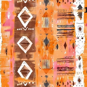 Könnte beinhalten: Abstraktes Muster mit einer Mischung aus geometrischen und organischen Formen in Orange, Braun, Rosa und Weiß. Das Design umfasst Rauten, Streifen und gepunktete Linien. Die Zahl "10" ist oben rechts sichtbar.
