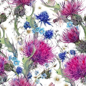 1 meter Italian Velvet Fabric Purple Thistles Flowers, Field Flowers Upholstery Fabric, Upholstery Velvet, Digital Print of Thistles Pattern