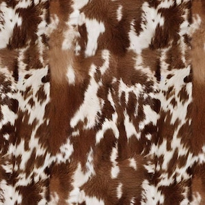 May include: A close-up of brown and white cowhide with a natural, textured pattern. The hide has a soft, fuzzy texture.