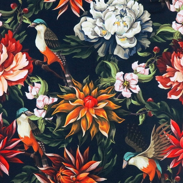 Exotische Vögel und Blumen, Paradiesvogel, Wasserdichtes Material, imprägniert Polyester, Garten Eden, Tropische Blätter 50x150cm