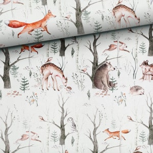 Forest adventures Cotton Fabric, Woodland Fabric, Forest Frends Premium Cotton, fabric for kids, fox Bear hare deer hedgehog, Digital Print
