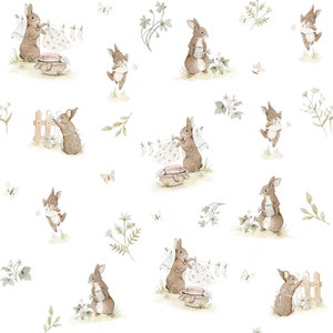 Sweet Bunnies Fabric, Working bunnies, Premium Cotton Fabric, Bunny Fabric, Hares baby cotton fabric by the half yard, cleaning et bunnie's