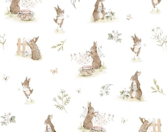 Sweet Bunnies Fabric, Working bunnies, Premium Cotton Fabric, Bunny Fabric, Hares baby cotton fabric by the half yard, cleaning et bunnie's