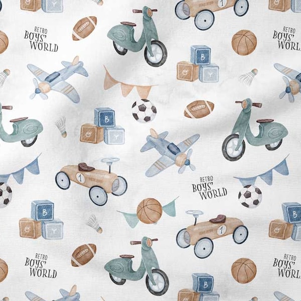 Retro Boy's World Premium Cotton Fabric, white background, children's fabric, retro cars planes scooters, boy's fabric