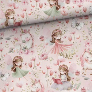 Fate e unicorni in un prato fiorito Tessuto felpato ad anello pastello, Tessuto felpato ad anello elasticizzato, Maglieria per bambini, French terry