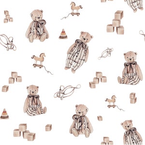Tessuto di cotone premium con orsetti retrò, simpatici orsetti di peluche, orsi retrò, tessuto per bambini, stampa digitale in cotone premium