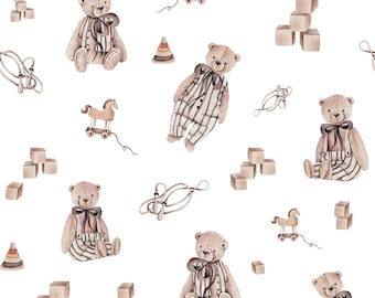 Retro Teddy Bears, Retro bears Premium Cotton Fabric, Premium Baby Fabric, Fabric for Boy, Fabric for Kids, Digital Print, Bedding Nursery