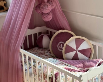 Canopy Bed, Baby Baldachin & 4 Pompoms Garland + Metal Handle, Baby Crib Canopy, Bed Baldachin, Crib Canopy for Kids Room, Tulle canopy