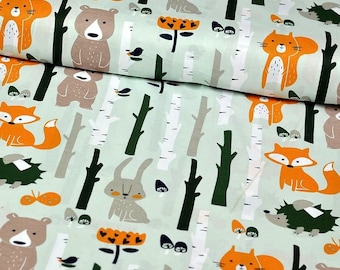 Forest Animals Fabric, Woodland fabric, wild animals in forest on mint background, fox, bear, squirrel, hare hedgehog bird, 50x160cm/0,55yd