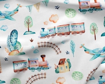 Trains Cotton Fabric, fabric for boy, trains plane print on white, Locomotives Fabric, 100% Premium Quality Cotton 50x160cm/19,7x63"/0,55yd