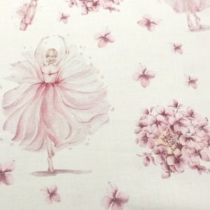 Cute pink ballerinas dancers and hydrangeas flowers premium cotton fabric by the half yard, baby girls satin fabric, digital print cotton