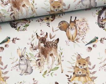Forest animals in flowers Sweatshirt fabric, stretch Knitwear, French terry knit fabric, cotton knitwear, forest friends, woodland animals