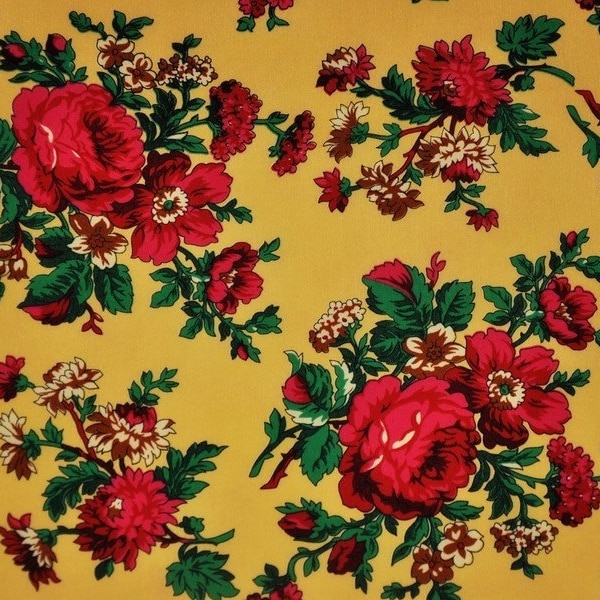 Tissu folklorique polonais, motif de fleurs montagnardes, folklore, motif folklorique montagnard, motif Cleo, motif floral, roses et feuilles grimpantes, tissu folklorique