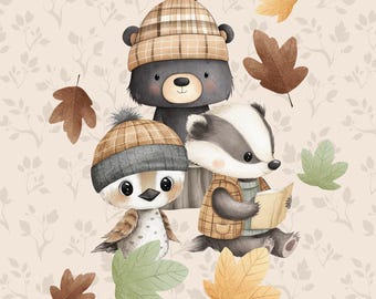 Forest kids animals Sweatshirt fabric, stretch Knitwear, French terry knit fabric, cotton knitwear, forest friends, woodland animals