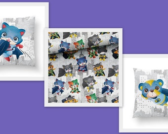 Super Hero Animals - Cats and Bears Cotton Fabric, cotton panel, Animals Fabric, Baby Premium Cotton Fabric by the half yard, Digital Print