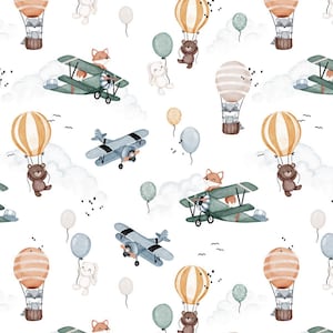 Tessuto Boy's World, volpe, orso, procione, coniglio, palloncini, aerei, tessuto di cotone premium, tessuto per bambini, tessuto per ragazzi, stampa digitale
