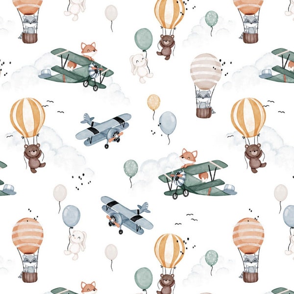 Boy's world fabric, fox bear shop bunny balloons plane, flying animals Premium Cotton Fabric, baby boy fabric by the half yard digital print