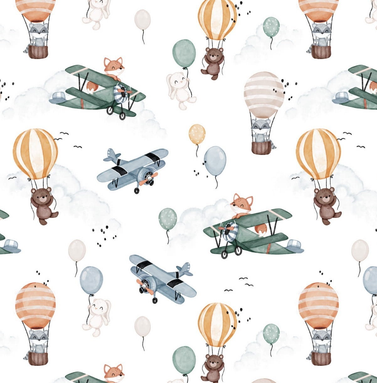 Boy's world fabric, fox bear shop bunny balloons plane, flying animals Premium Cotton Fabric, baby boy fabric by the half yard digital print
