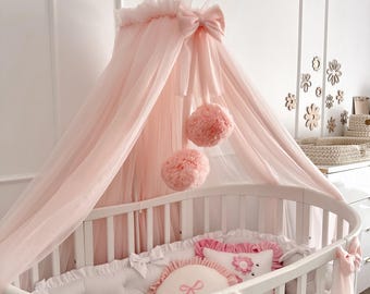 Babyhimmel, stora pompoms, metallhandtag, babysänghimmel, barnrumshimmel, tyllhimmel