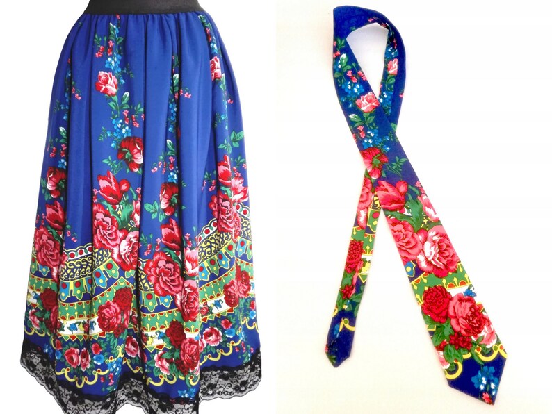 Traditionele folk rok, Poolse folk Highlander midi rok, etnische geplooide bloemenrok, Slavische rok, folk stropdas afbeelding 9