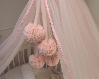 Dosel para cuna de bebé + 4 pompones + asa metálica, dosel para cuna de bebé, dosel de tul con 4 pompones para la habitación de un niño.