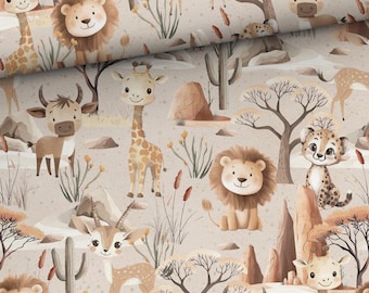 Afrikaanse dieren katoenen stof, savanne dieren premium katoen, safari, wilde dieren, naaistof digitaal printen