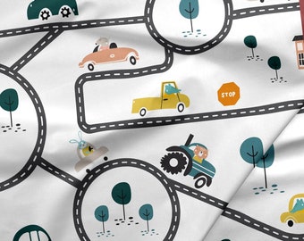 City Cars fabric, vehicles fabric, streets fabric, scandi roads Cotton Fabric for boy, 100% Premium Quality Cotton 50x160cm/19,7x63"/0,55yd