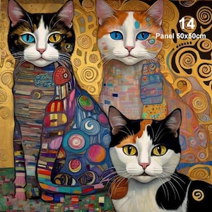 Puede incluir: Tres gatos en un estilo abstracto y colorido que recuerda la obra de Gustav Klimt. Los gatos son un gato blanco y negro, un gato blanco y naranja y un gato tricolor. El fondo es un patrón dorado y negro.