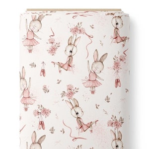 Bunny ballerina, Cute Bunnies in Flowers Premium Cotton Fabric, Rabbits Fabric, Spring Fabric, kids fabric, digital print image 3