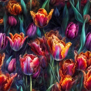 May include: A vibrant floral pattern featuring tulips in full bloom. The tulips display a range of colors, including shades of orange, red, pink, and purple, with green leaves. The background is a dark, moody color.