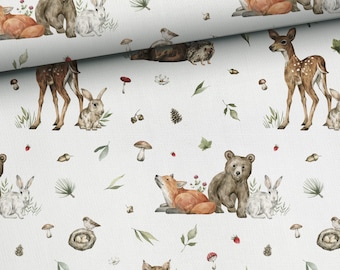 Bambus Musselin, Bambus Viskose, Waldtiermusselin, MusselinStoff, Waldtiere, Waldfreunde Hase Fuchs Bär Luchs Hirsch, Meter geschnitten