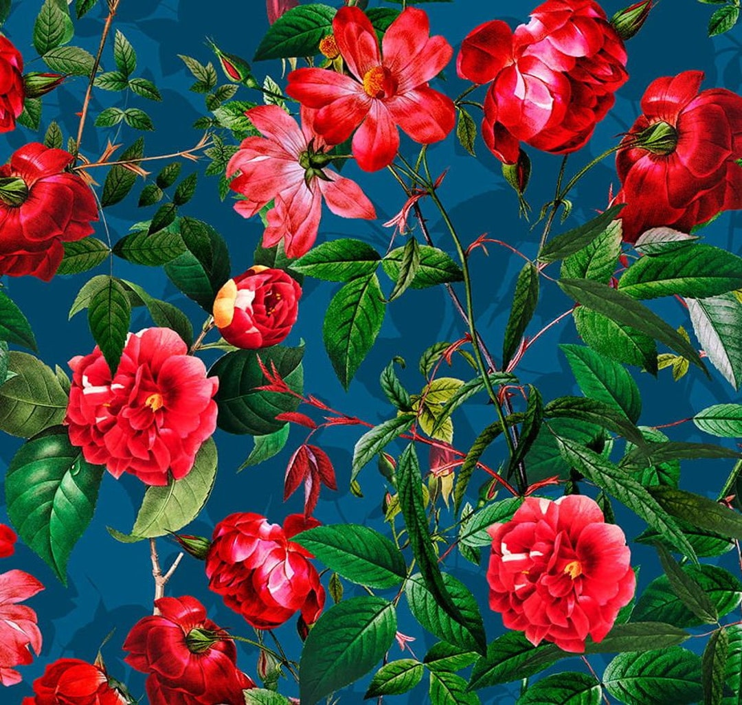 1 Meter Roses 1 Meter Wild Roses, Red Flowers Italian Velvet Fabric, Upholstery ...