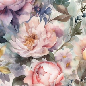 1 yd Pastel watercolor Peonies, Spring flowers, Spring Peonies Waterproof Fabric Impregnated, Flowers Floral Blossom fabric Polyester