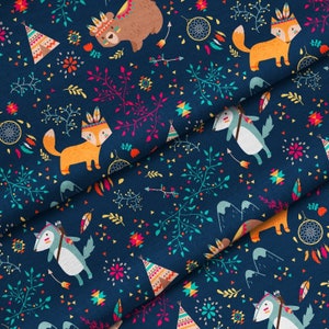 Tribal Adventure Premium Cotton Fabric, Tribal Woodland Fabric, Boho Animals Fabric, bear, fox teepee on navy blue background, digital print