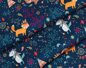 Tela de Algodón Premium Boho, tela tribal, osito, zorro, tipi, atrapasueños sobre fondo azul marino, impresión digital, Tribal Adventure 50x158 cm