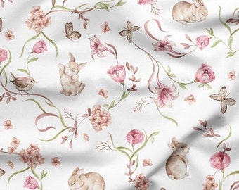 Rest 100 cm Cute Bunnies Butterflies in Flowers Premium Cotton Fabric, Rabbits Bunny Fabric, Spring Fabric, kids fabric