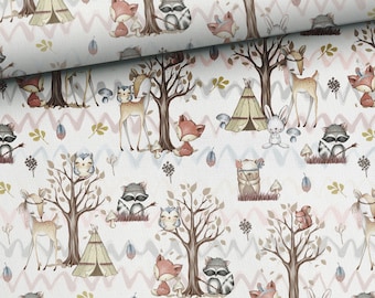 Forest Friends Cotton Fabric by the half yard, Woodland Fabric, Forest Animals Premium Cotton, kids fabric, Owl Squirrel Roe Hare Bunny Fox