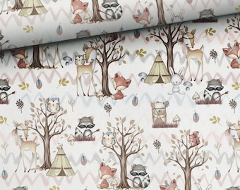 Tissu en coton Animaux de la forêt sur fond blanc, amis de la forêt, animaux de la forêt, renard faon hibou raton laveur tipi coton premium 50x160cm